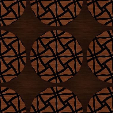 Kahverengi ahşap efekt süsleme dokusu. Kusursuz oymalı doğulu ahşap desenli. Zarif ahşap daire motifi arkaplanı için her tarafı süslemeli tahıl.. 