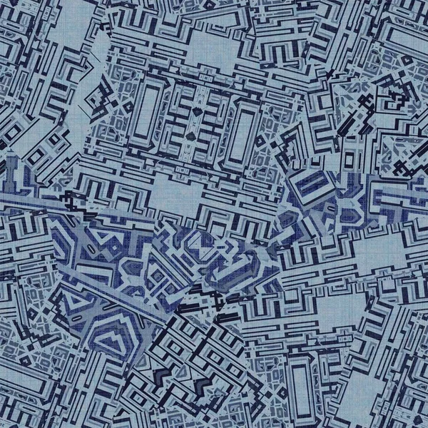 Grunge denim random geometric acid wash seamless texture material. Irregular messy architectural plan style grunge pattern. Dyed distressed indigo blue abstract design swatch. — Stock Photo, Image