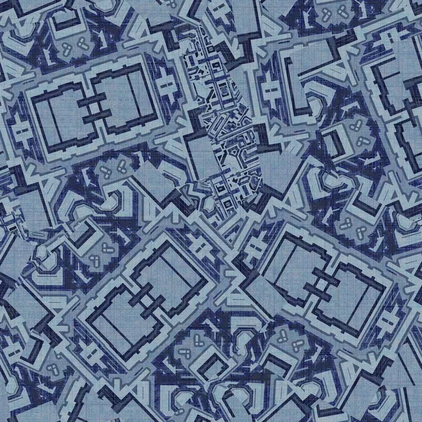 Grunge denim slumpmässigt geometrisk syra tvätta sömlös textur material. Oregelbunden rörig arkitektonisk plan stil grunge mönster. Färgade nödställda indigo blå abstrakt design swatch. — Stockfoto