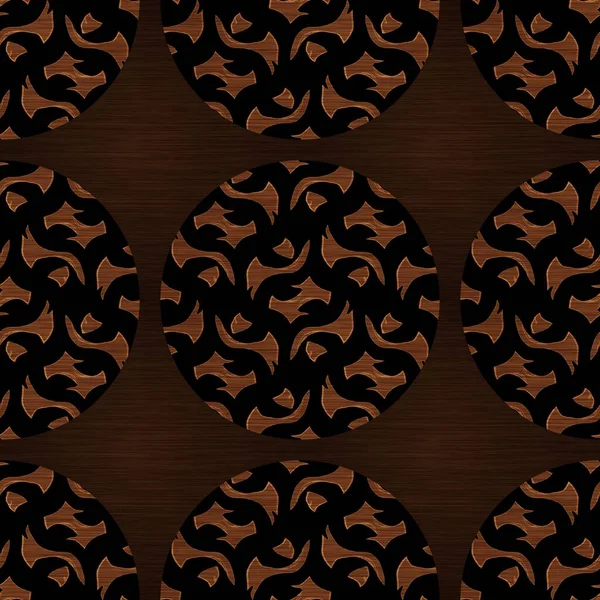 Brązowy efekt drewna dekoracyjne tekstury intarsji. Płynnie grawerowany orientalny wzór w stylu liściastym. Ozdobne ziarno na całym druku dla eleganckiego drewna koło motyw tła. — Zdjęcie stockowe