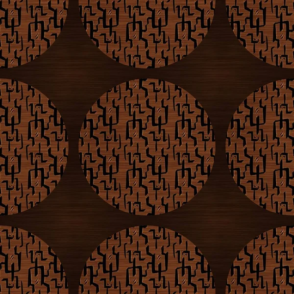 Brown wood effect decorative inlay texture. Seamless engraved oriental hardwood style pattern. Ornamental grain all over print for elegant woodwork circle motif backdrop. — Stock Photo, Image