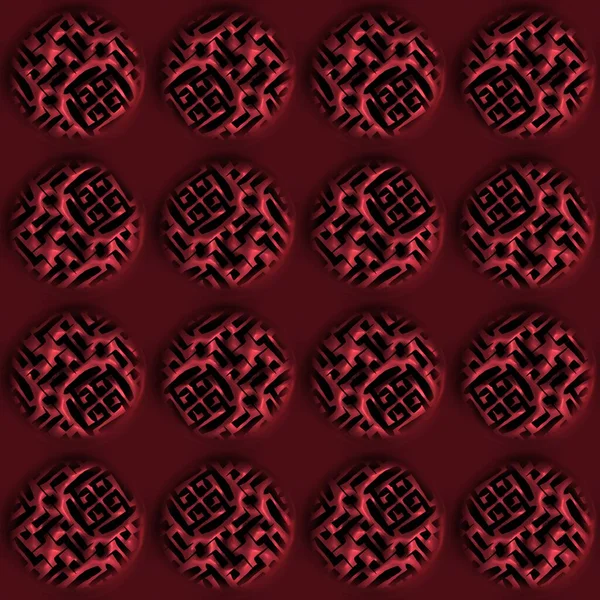 Tessitura orientale decorativa effetto metallo rosso. Modello di motivo a cerchio 3d ossidato inciso senza cuciture. Ornamentale all over stampa per moderno asiatico fusione sfondo. — Foto Stock