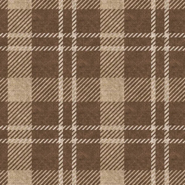 Sepia brown neutral woven plaid texture background. Seamless old worn style plaid fabric cloth. Rustic classic checkered textile effect repeat tile. — Stock Photo, Image