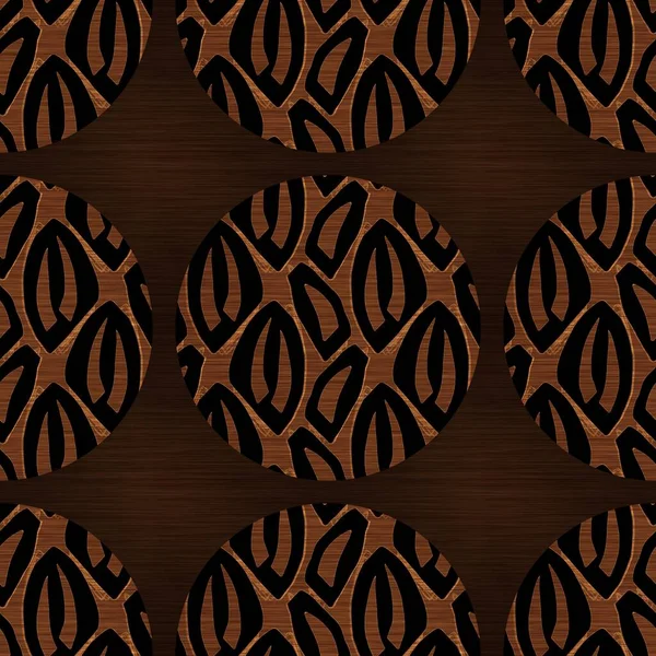 Braune Holz-Effekt dekorative Intarsienstruktur. Nahtlos eingravierte Muster im orientalischen Hartholzstil. Ornamentale Maserung überall im Druck für elegante Holzarbeiten Kreis Motiv Hintergrund. — Stockfoto