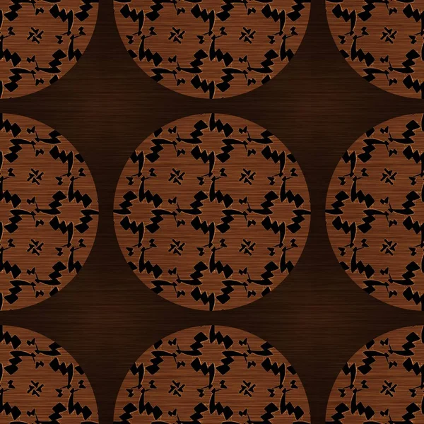 Brązowy efekt drewna dekoracyjne tekstury intarsji. Płynnie grawerowany orientalny wzór w stylu liściastym. Ozdobne ziarno na całym druku dla eleganckiego drewna koło motyw tła. — Zdjęcie stockowe