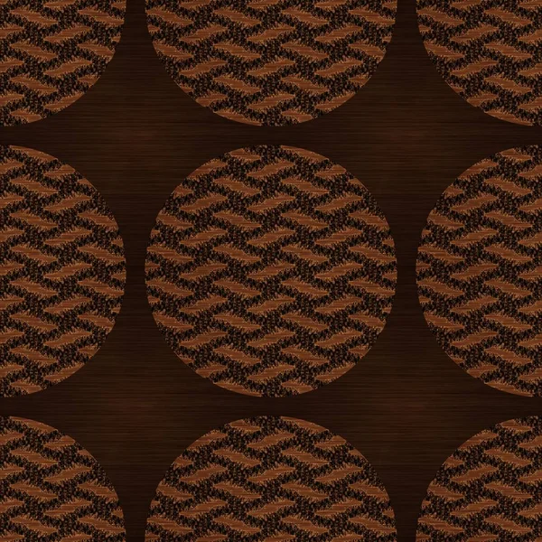 Brown wood effect decorative inlay texture. Seamless engraved oriental hardwood style pattern. Ornamental grain all over print for elegant woodwork circle motif backdrop. — Stock Photo, Image