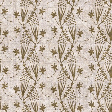 Sepia nötr botanik yaprak dikişsiz keten deseni. Yastık fırlatmak ve mobilya yapmak için organik doğal ton yeşilliği tasarımı. Modern bej kahverengi nötr ev dekorasyonu tekstil kumaşı.