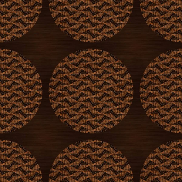 Brown wood effect decorative inlay texture. Seamless engraved oriental hardwood style pattern. Ornamental grain all over print for elegant woodwork circle motif backdrop. — Stock Photo, Image