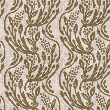 Sepia nötr botanik yaprak dikişsiz keten deseni. Yastık fırlatmak ve mobilya yapmak için organik doğal ton yeşilliği tasarımı. Modern bej kahverengi nötr ev dekorasyonu tekstil kumaşı.