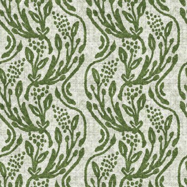 Orman yeşili botanik yaprağı dikişsiz keten desenli. Yastık, yumuşak mobilya ve modern ev dekorasyonu kumaş kumaşı için ton yeşilliği tasarımı üzerine organik doğal ton.