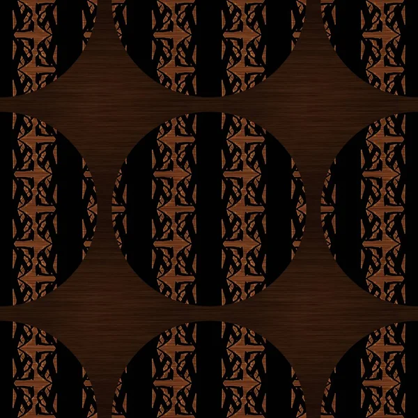 Brown wood effect decorative inlay texture. Seamless engraved oriental hardwood style pattern. Ornamental grain all over print for elegant woodwork circle motif backdrop. — Stock Photo, Image