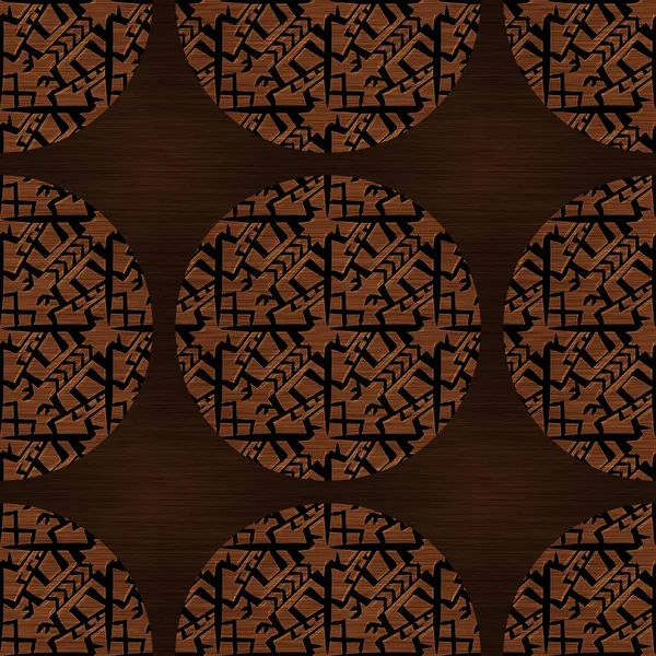 Brown wood effect decorative inlay texture. Seamless engraved oriental hardwood style pattern. Ornamental grain all over print for elegant woodwork circle motif backdrop. — Stock Photo, Image