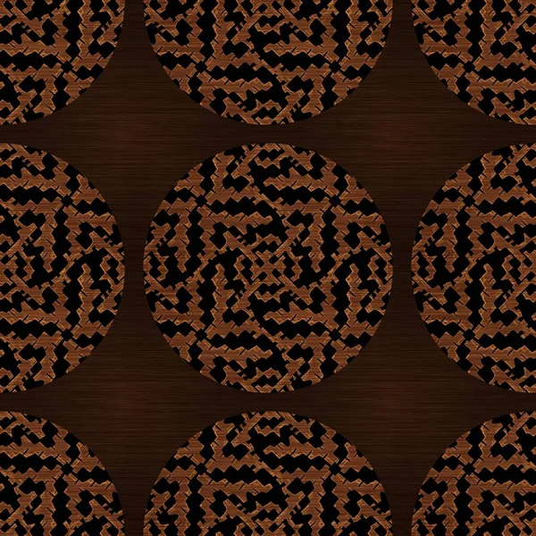 Καφέ υφή ξύλου διακοσμητικό ένθετο. Χωρίς ραφή χαραγμένο ανατολίτικο μοτίβο στυλ σκληρού ξύλου. Διακοσμητικά σιτηρά σε όλη την εκτύπωση για κομψό μοτίβο κύκλο ξυλουργική φόντο. — Φωτογραφία Αρχείου