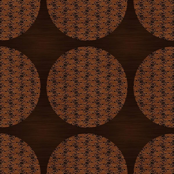 茶色の木製の効果装飾的な象眼細工のテクスチャ。シームレスな東洋の広葉樹のスタイルのパターンを刻ま。エレガントな木工サークルのモチーフの背景のための印刷全体の装飾的な穀物. — ストック写真