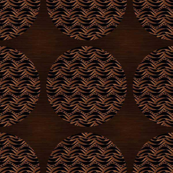 Efecto madera marrón textura incrustación decorativa. Patrón de estilo oriental de madera dura grabado sin costuras. Grano ornamental en toda la impresión para un elegante telón de fondo con motivo circular de carpintería. —  Fotos de Stock