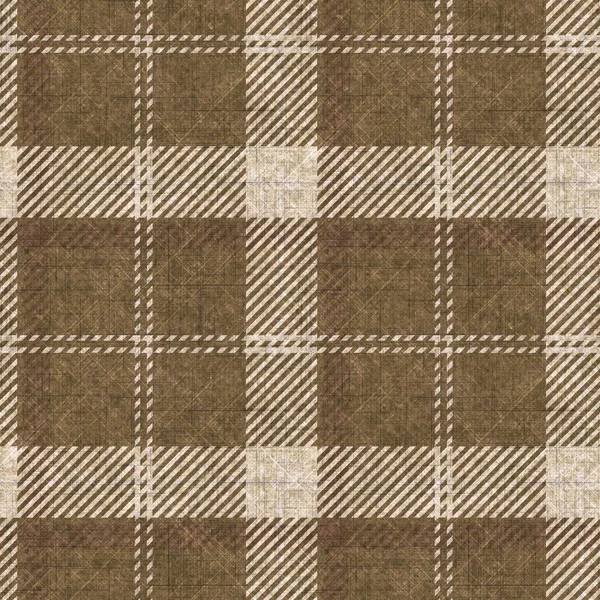 Sepia brown neutral woven plaid texture background. Seamless old worn style plaid fabric cloth. Rustic classic checkered textile effect repeat tile. — Stock Photo, Image