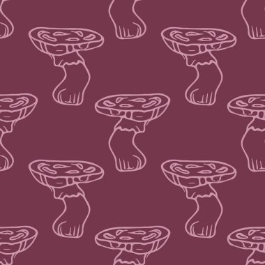 El çizimi yaban mantarı vektör deseni. Baskı için kusursuz mor biyoloji mantarları. Vahşi mantarların dekoratif arka planı. 