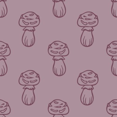 El çizimi yaban mantarı vektör deseni. Baskı için kusursuz mor biyoloji mantarları. Vahşi mantarların dekoratif arka planı. 