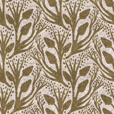 Sepia nötr botanik yaprak dikişsiz keten deseni. Yastık fırlatmak ve mobilya yapmak için organik doğal ton yeşilliği tasarımı. Modern bej kahverengi nötr ev dekorasyonu tekstil kumaşı.