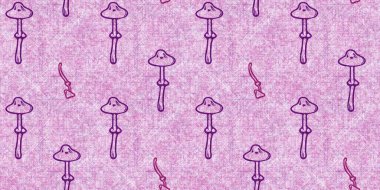 Mantar pembesi kumaş dokusu kenarı etkisi. Kanvas sonbahar kurdelesi için kusursuz örülmüş orman mantarı dekoratif baskısı.