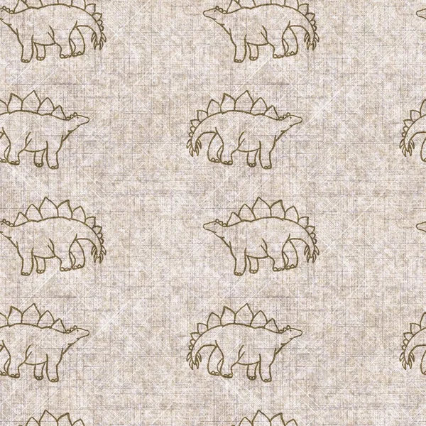 Stegosaurus dinosaurie utdöd sömlös linne stil mönster. Organisk naturlig ton i ton fossil design för kasta kudde, mjuk inredning. Modern sepia antika monster inredning. — Stockfoto