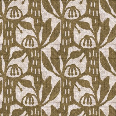 Sepia nötr botanik yaprak dikişsiz keten deseni. Yastık fırlatmak ve mobilya yapmak için organik doğal ton yeşilliği tasarımı. Modern bej kahverengi nötr ev dekorasyonu tekstil kumaşı.