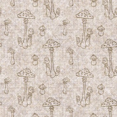 Mantarsız el yapımı keten desenli. Organik mantarlar, yastık fırlatmak için doğal ton tasarımı, yumuşak mobilyalar. Modern sepia ormanlık ev dekoru. 