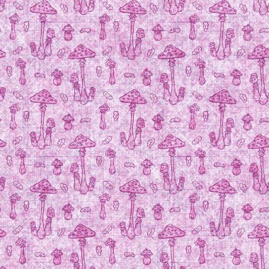 Mantar pembesi kumaş dokusu deseni. Kusursuz örülmüş orman mantarı dekoru desenli tuval sonbaharı. .