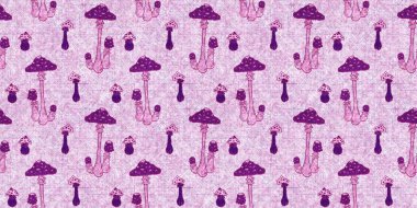 Mantar pembesi kumaş dokusu kenarı etkisi. Kanvas sonbahar kurdelesi için kusursuz örülmüş orman mantarı dekoratif baskısı.