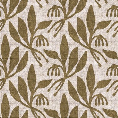 Sepia nötr botanik yaprak dikişsiz keten deseni. Yastık fırlatmak ve mobilya yapmak için organik doğal ton yeşilliği tasarımı. Modern bej kahverengi nötr ev dekorasyonu tekstil kumaşı.