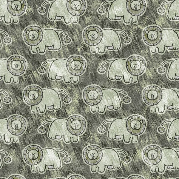 Lindo patrón animal salvaje de león safari para la decoración de la habitación de los bebés. Diseño de impresión neutro de género texturizado verde peludo sin costuras. —  Fotos de Stock
