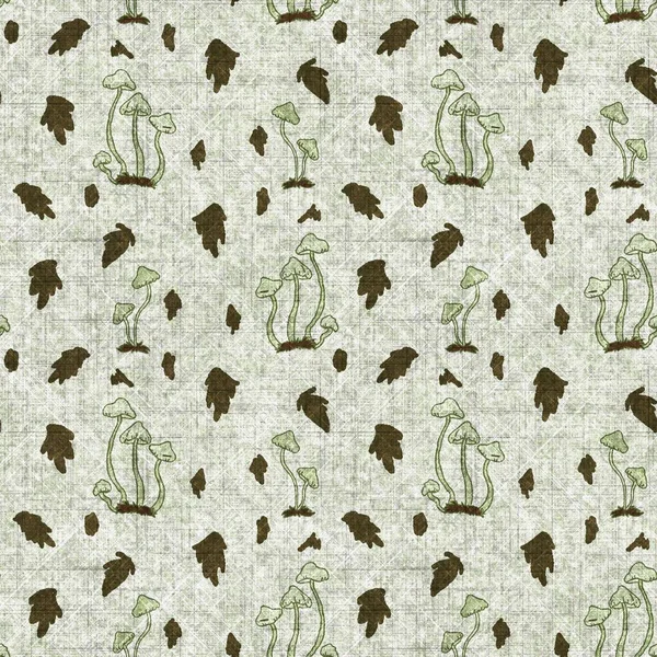 Mushroom seamless hand drawn linen style pattern. Organic fungi natural tone on tone design for throw pillow, soft furnishing. Modern green woodland home decor. —  Fotos de Stock