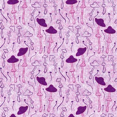 Mantar pembesi kumaş dokusu deseni. Kusursuz örülmüş orman mantarı dekoru desenli tuval sonbaharı. .