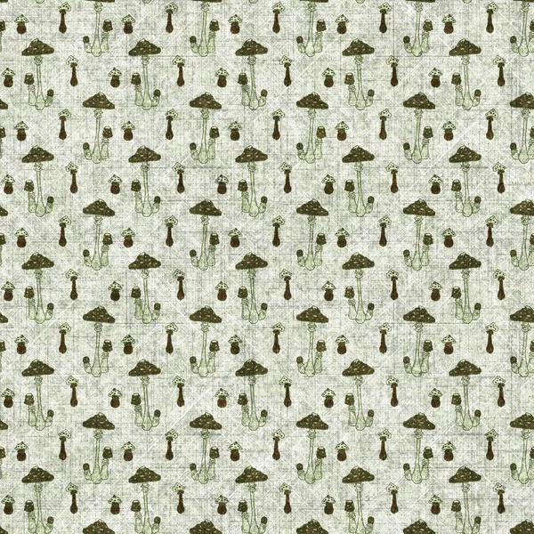 Mushroom seamless hand drawn linen style pattern. Organic fungi natural tone on tone design for throw pillow, soft furnishing. Modern green woodland home decor. — Stock Photo, Image