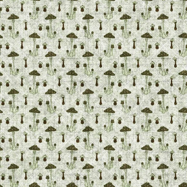 Mushroom seamless hand drawn linen style pattern. Organic fungi natural tone on tone design for throw pillow, soft furnishing. Modern green woodland home decor. — 스톡 사진