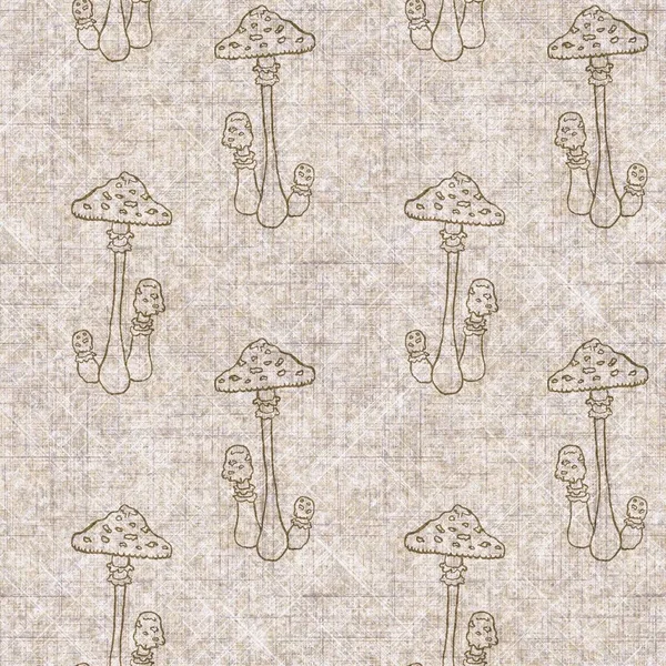 Mushroom Seamless Hand Drawn Linen Style Pattern Organic Fungi Natural — Foto de Stock