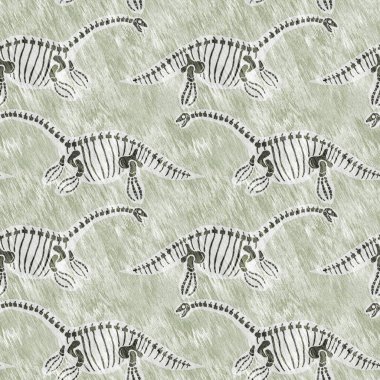 Hand drawn skeleton fossil plesiosaur dinosaur seamless pattern. Gender Neutral Jurassic silhouette. Home decor for museum, excintion and textile design. 