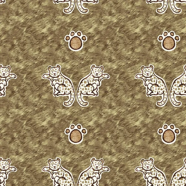 Симпатичное сафари дикий леопард животный узор для декора комнаты младенцев. Бесшовный большой кот пушистый коричневый текстурированный гендерно нейтральный дизайн печати. — стоковое фото