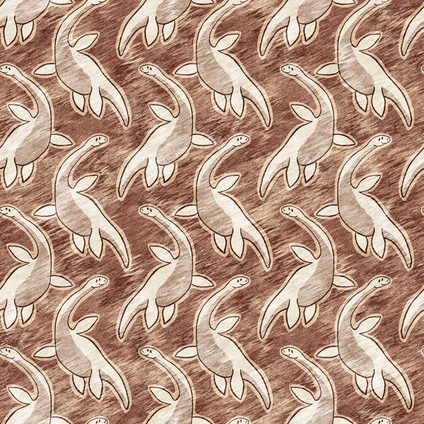 Brown plesiosaur dinosaur seamless pattern. Gender Neutral Jurassic fossil silhouette. Home decor for museum, excintion and textile design. — Foto de Stock