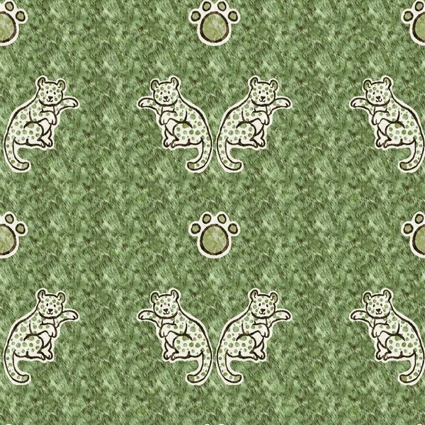 Cute safari leopard wild animal pattern for babies room decor. Seamless furry green textured gender neutral print design. — Photo