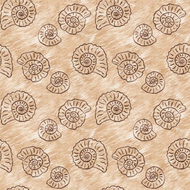 Yeşil el, ammonit fosilini dikişsiz desen olarak çizdi. Cinsiyet Tarafsız Jurasik siluet. Müze, neslin tükenmesi ve tekstil tasarımı için ev dekorasyonu. 