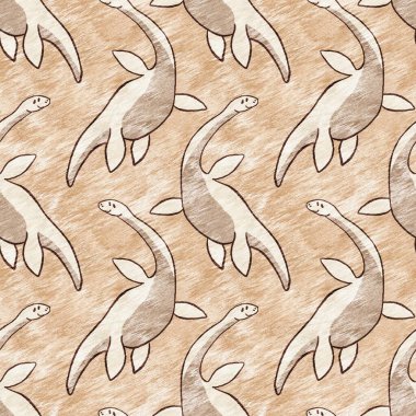 Kahverengi el plesiosaur dinazorunu kusursuz şekilde çizmiş. Bebek yuvası için cinsiyet Nötr Jurasik fosil silueti. Müze, nesli tükenme ve tekstil tasarımı için cinsiyet ayrımı yapılmamış ev dekorasyonu. 