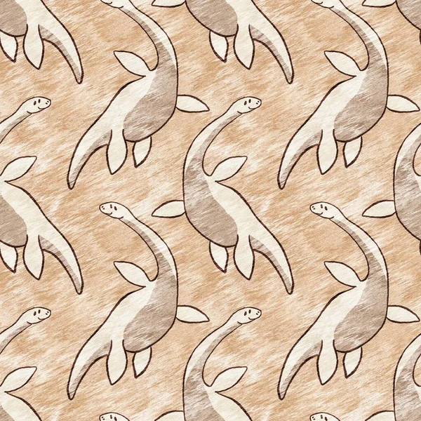 Brown hand drawn plesiosaur dinosaur seamless pattern. Gender Neutral Jurassic fossil silhouette for baby nursery. Gender neutral home decor for museum, extinction and textile design. — Stok Foto