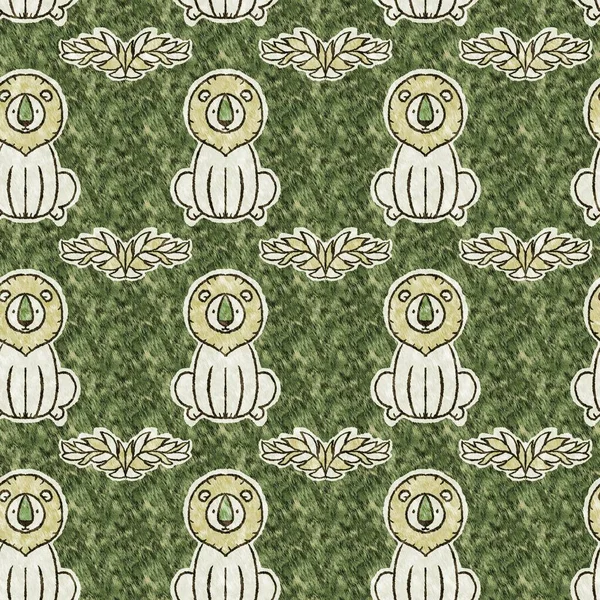 Leuke safari leeuw wild dier patroon voor baby 's kamer decor. Naadloze harige groene textuur genderneutraal print ontwerp. — Stockfoto