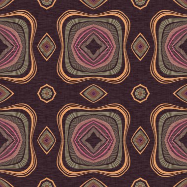 Topraksı renkler altmışlı yılların geometrik pürüzsüz desenli kahverengi tonlarında. Modern vintage geo dokuması tekstil keten mozaik efekti tekrar fayans. 