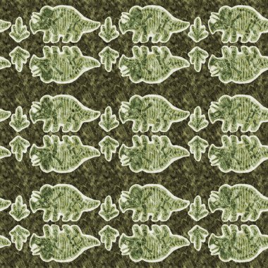 Yeşil triceratops dinozor fosil kemikleri kusursuz desen. Bebek odası için cinsiyet olarak Tarafsız Jurasik siluet. Müze, nesli tükenme ve tekstil tasarımı için cinsiyet ayrımı yapılmamış ev dekorasyonu. 