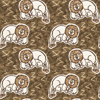 Bebek odası dekorasyonu için şirin bir safari aslanı deseni. Kusursuz kürklü kahverengi desenli büyük kedi cinsiyeti nötr iz tasarımı. 