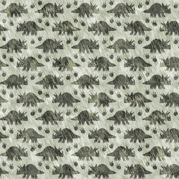 Green hand drawn triceratops dinosaur seamless pattern. Gender Neutral Jurassic fossil silhouette for baby nursery. Gender neutral home decor for museum, extinction and textile design. — Photo