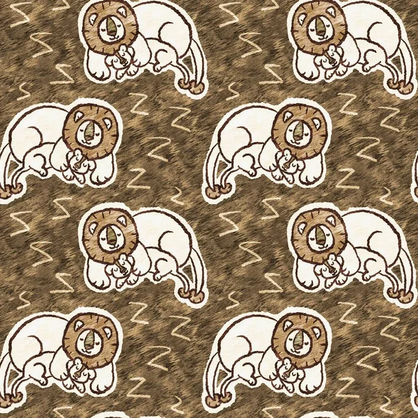 Roztomilý safari lev divoké zvíře vzor pro děti pokoj dekor. Bezešvé chlupaté hnědé texturované velké kočky pohlaví neutrální potisk design. — Stock fotografie