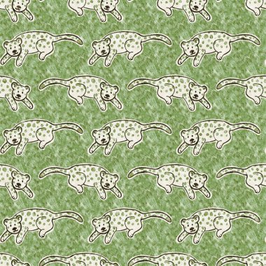 Bebek odası dekorasyonu için şirin safari leoparı vahşi hayvan deseni. Kusursuz kürksüz yeşil desenli cinsiyet nötr iz tasarımı. 
